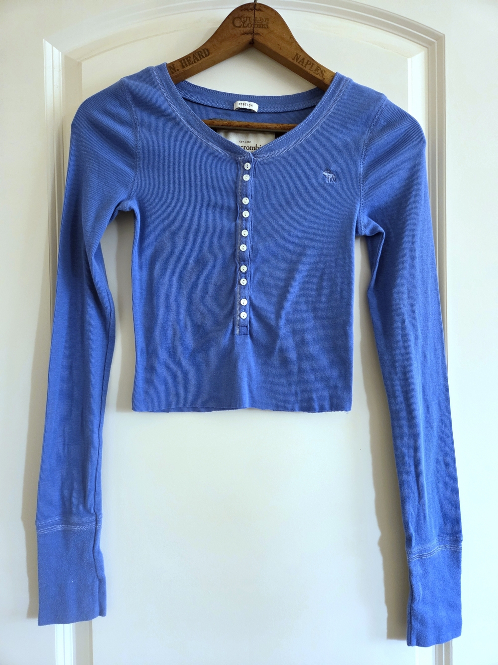 Abercrombie & Fitch Y2K Blue Long Sleeve Ribbed Henley Crop Top Size M